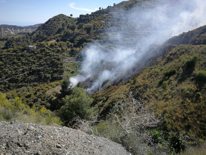 Bomberos de Almu��car e Infoca sofocaron un incendio de monte bajo en el Barranco de Gelibra, en Jete